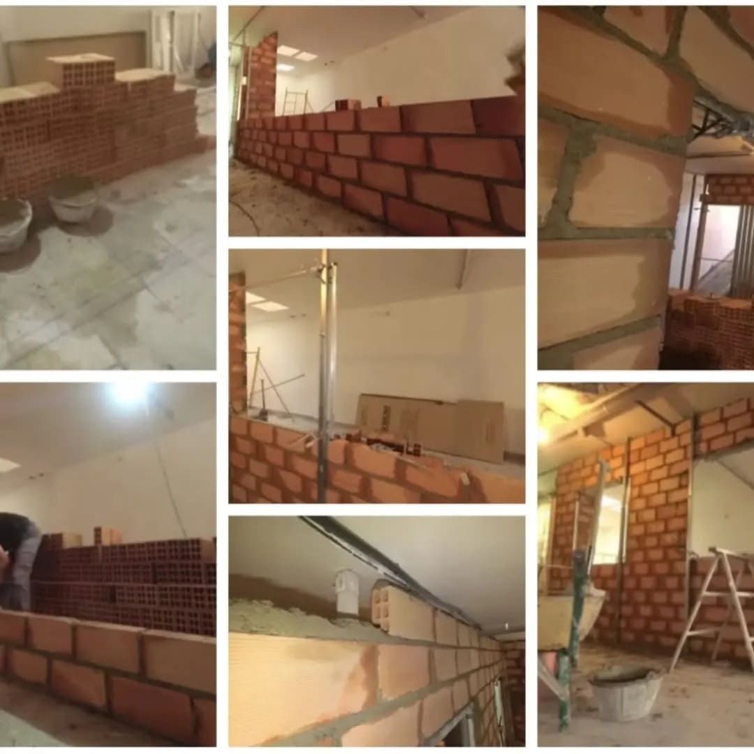 Un collage de imágenes de un muro de ladrillos en construcción.
