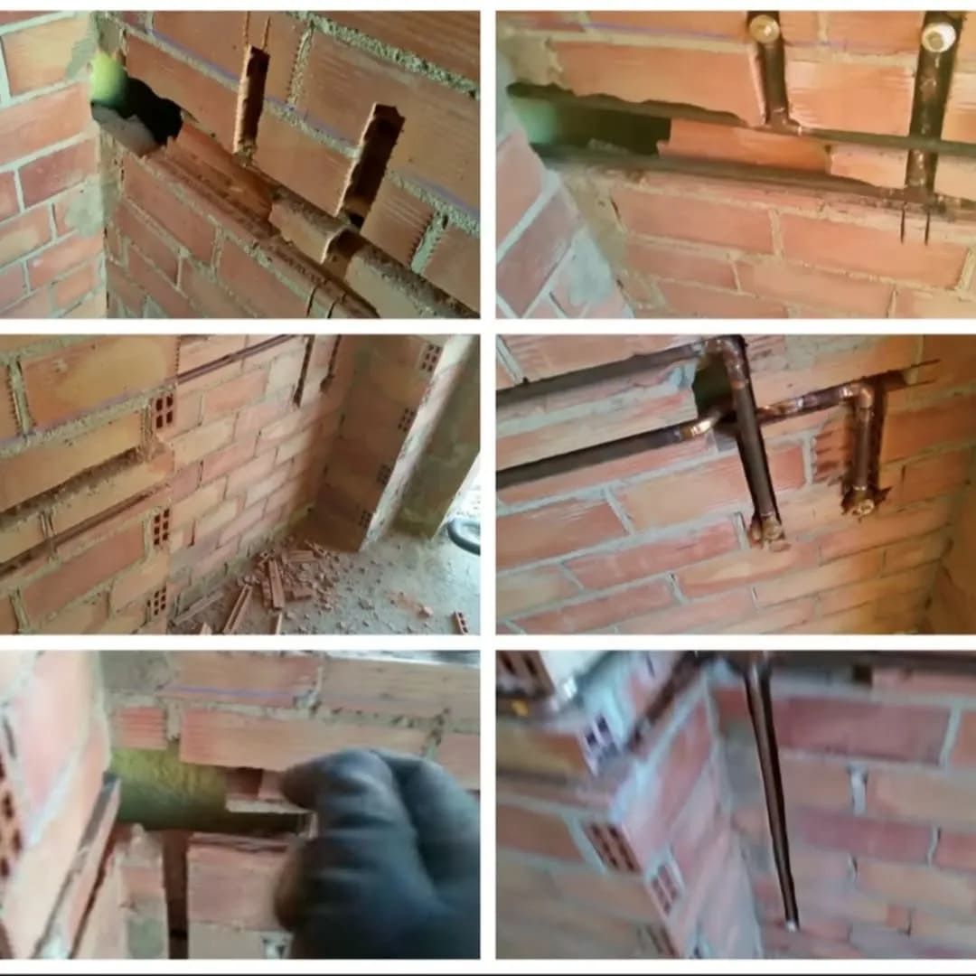 Un collage de imágenes de una pared de ladrillos con tuberías que salen de ella.