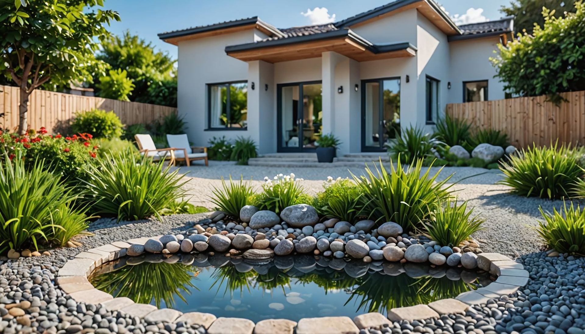 Maison moderne avec un bassin réfléchissant entouré de rochers, d'une végétation luxuriante et d'une clôture en bois.