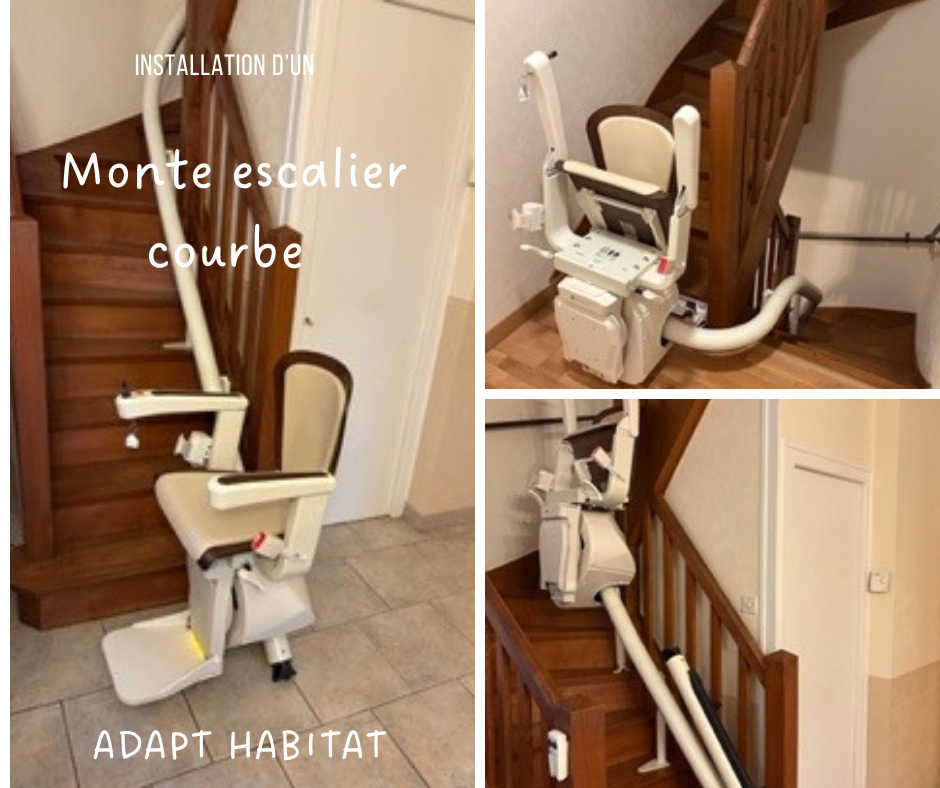 Installation d’un monte-escalier blanc dans un escalier en bois courbe, vue de plusieurs angles