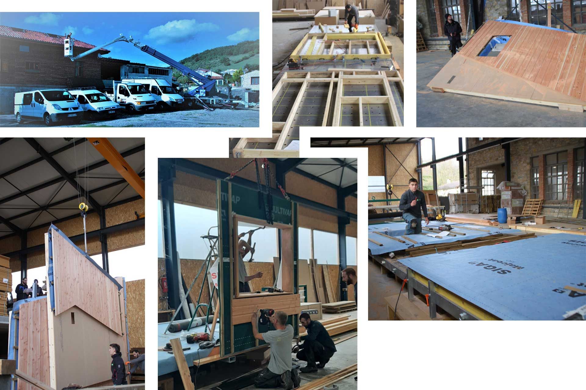 Mosaïque de photos de l'atelier et de la flotte de véhicules MP Charpente