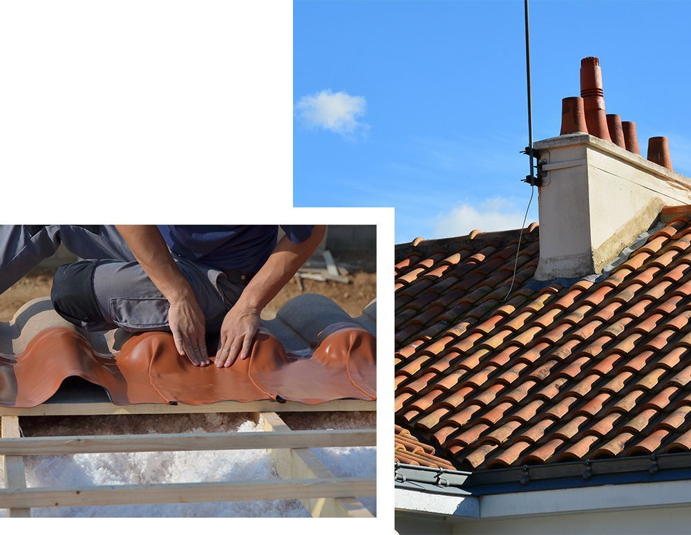 Deux images qui représentent la phase d'étanchéité des tuiles et un toit en tuiles