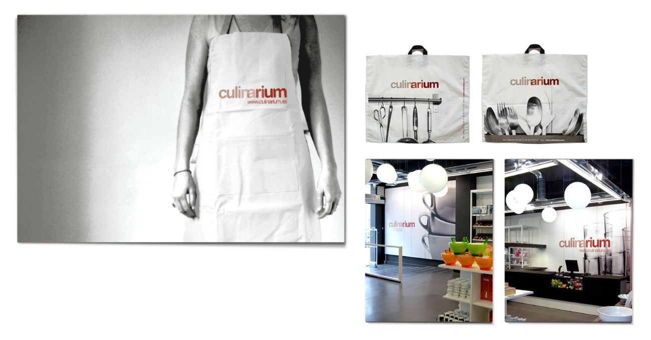 Mujer con delantal con el nombre del salón, bolsas de compras y fotos del interior. Diseño minimalista blanco.