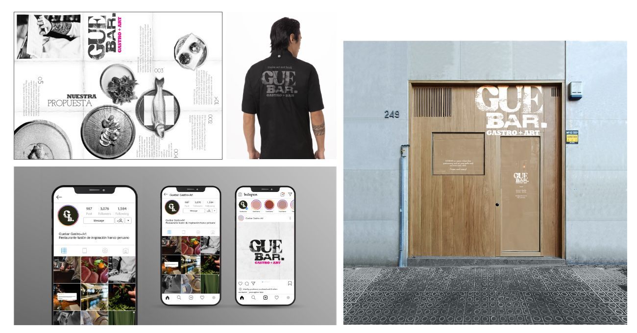 Branding de Guf Bar: menú, uniforme de chef, maquetas de Instagram y señalización de entrada en estilo moderno.