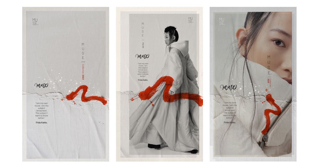 Tres carteles de moda con una persona vestida de blanco y detalles en rojo.
