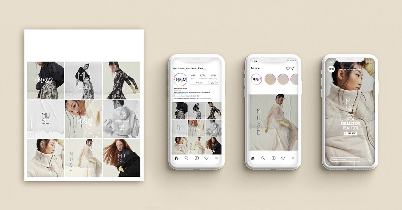 Diseño de redes sociales de una marca de moda. Diseño de cuadrícula y feed de Instagram, con una modelo con ropa de invierno en tonos neutros.