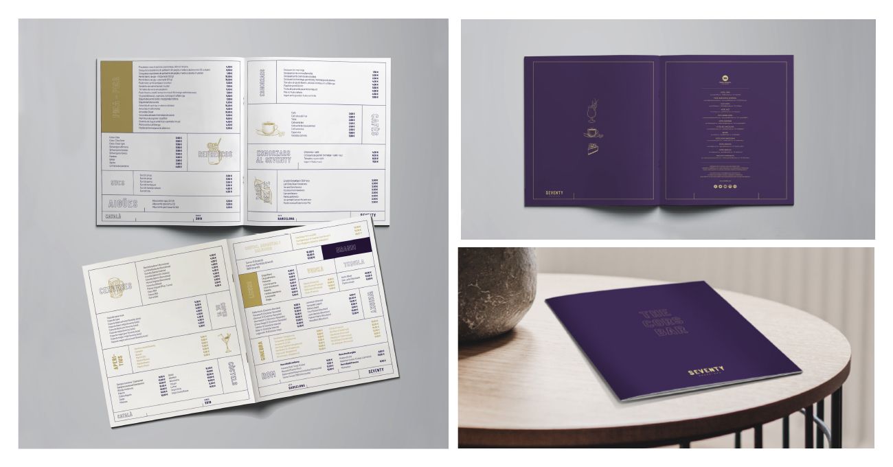 Tres imágenes de un folleto morado y dorado, abierto, cerrado y sobre una mesa.