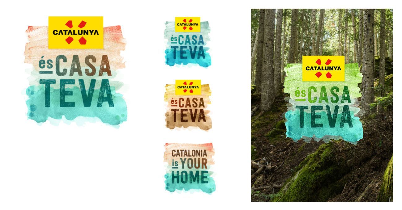 Marca Catalunya con logotipo sobre fondo de acuarela y bosque. Texto: «És CASA TEVA».