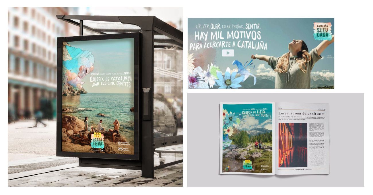 Campaña de turismo en Cataluña: Anuncio de parada de autobús, pancarta y folleto con escenas de naturaleza.