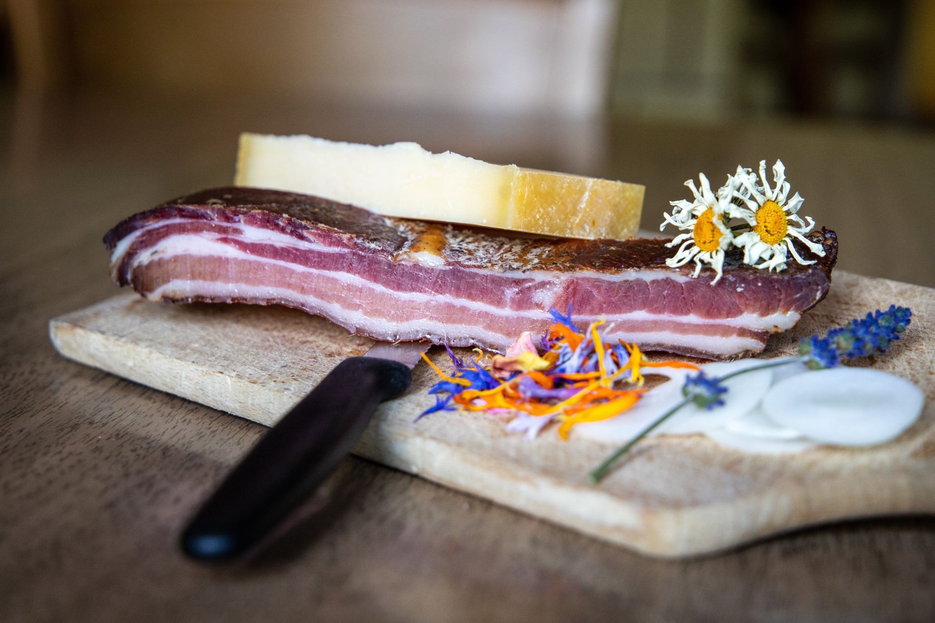 Blauer Himmel mit weissen Wolken über einem bewaldeten Hügelhang und einer fernen Bergkette.
