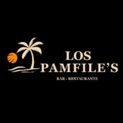 Logotipo para Bar-Restaurante Los Pamfile's: palmera, sol, olas en color crema y marrón sobre fondo negro.