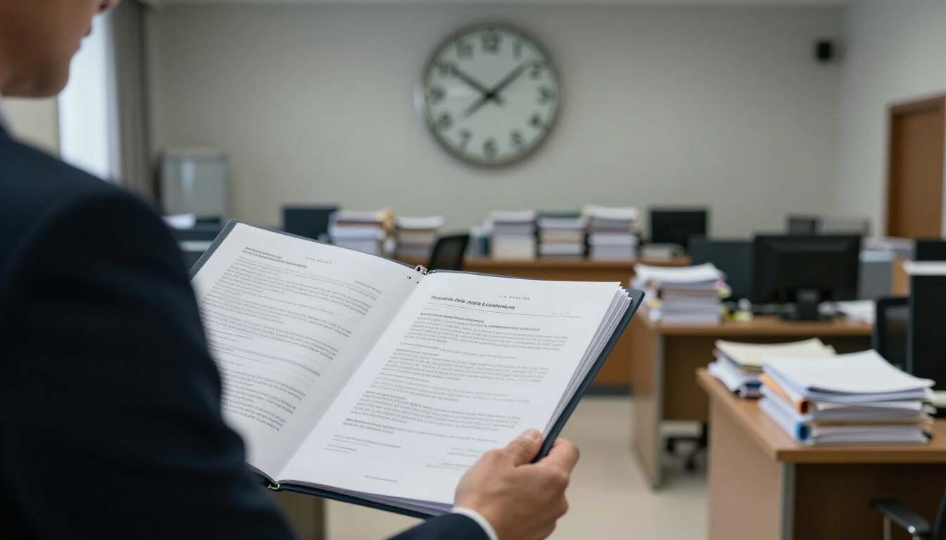 Una persona lee un documento en una tranquila sala de reuniones de una oficina, con un reloj de pared y pilas de papeles.