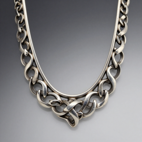 Collar de cadena de plata con eslabones entrelazados sobre un fondo gris.