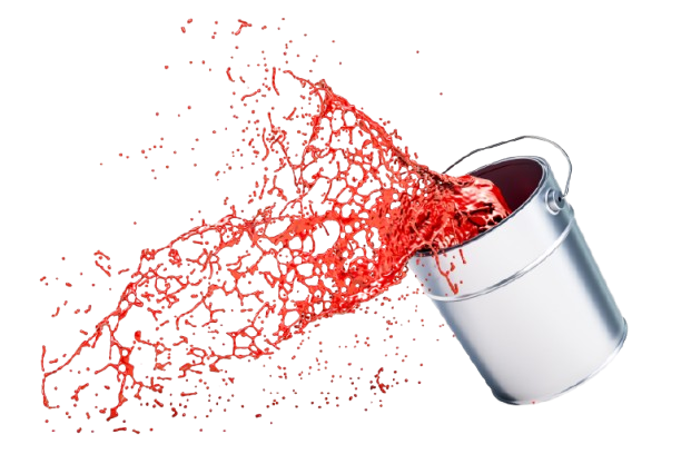 Un seau de peinture argenté qui déverse de la peinture rouge vif.