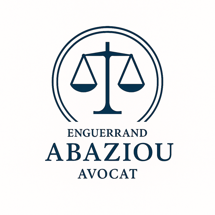 Logo : Balance de la justice dans un cercle avec le texte « Enguerrand Abaziou Avocat » en dessous, en bleu marine.