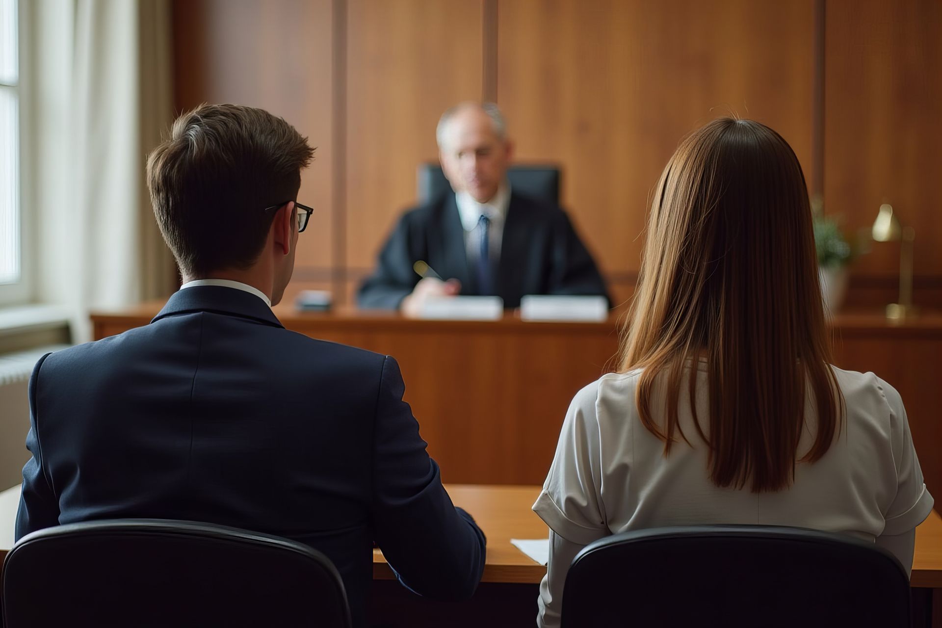 Deux personnes assises à une table face à un juge dans une salle d'audience.