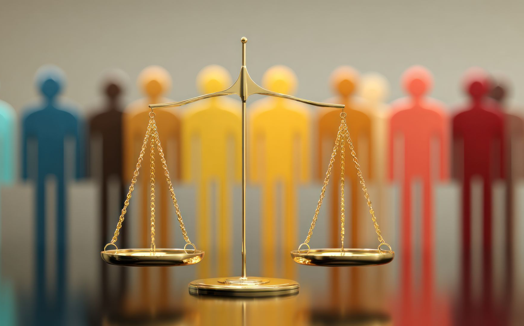 La balance de la justice devant des figures colorées et diverses, symbolisant l'égalité.