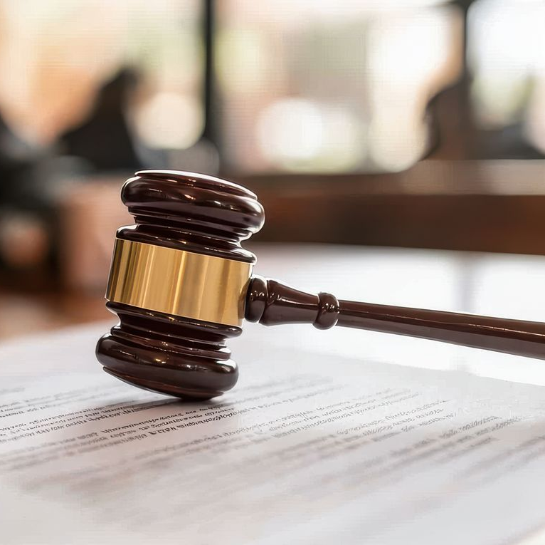 Marteau en bois posé sur un document légal.