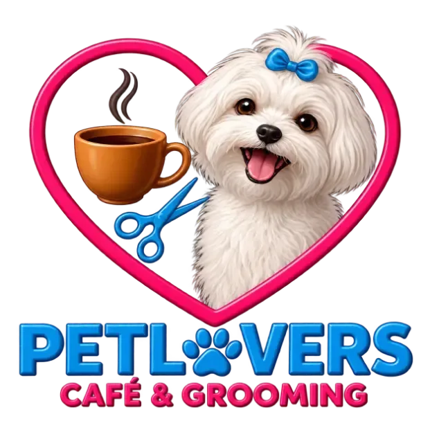 Logotipo de cuidado de mascotas con un perro blanco y esponjoso dentro de un corazón rosa, una taza de café, tijeras