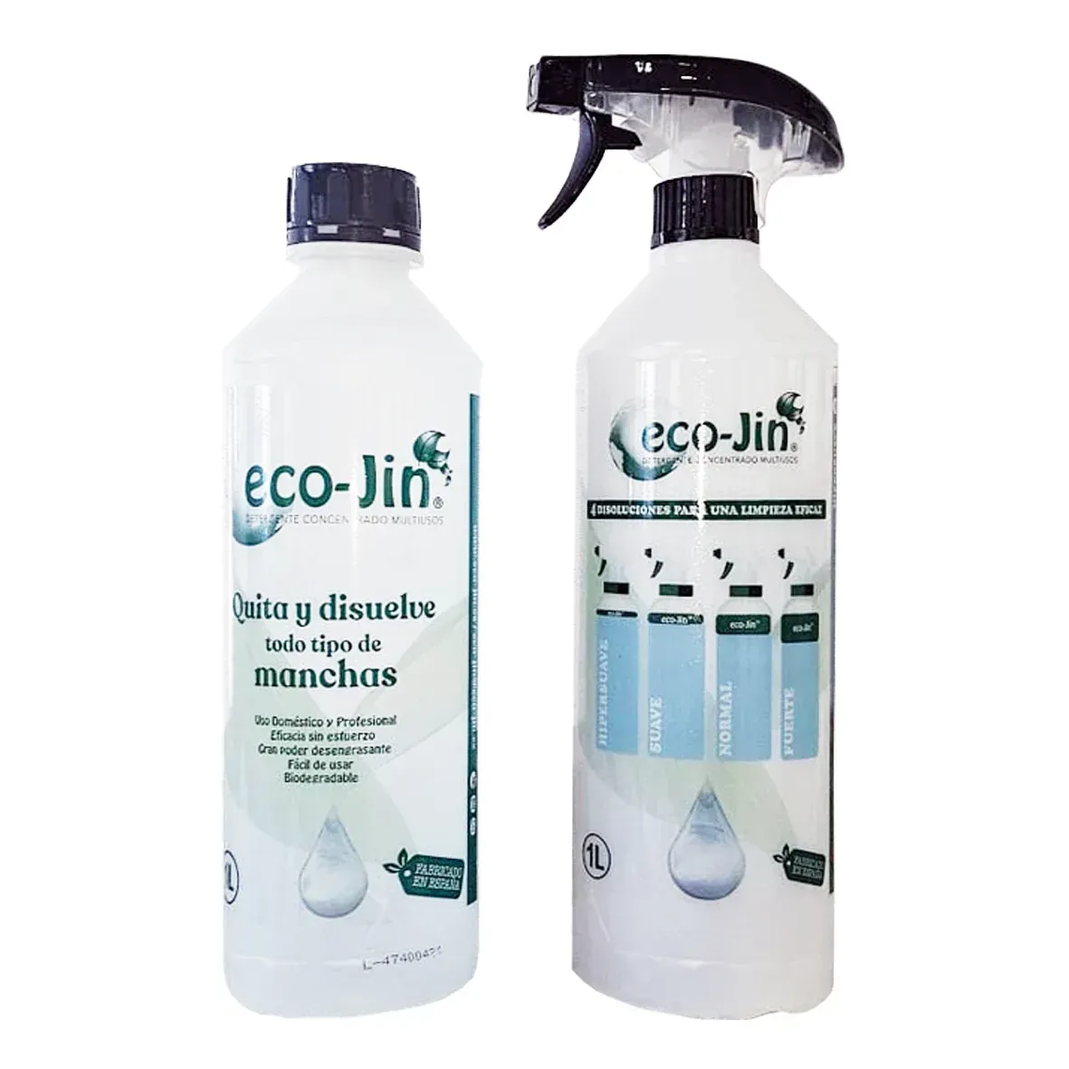 Dos botellas de eco-jin están una al lado de la otra sobre un fondo blanco.