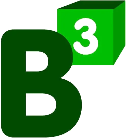 Una "B" verde oscuro al lado de un cubo verde con un "3" blanco.