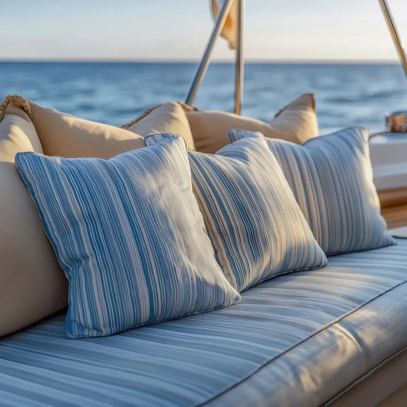 Almohadas de rayas azules sobre un asiento de barco acolchado, con el océano de fondo.