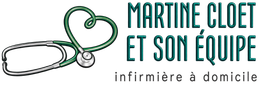Logo « Martine Clout et son équipe » avec un cœur vert formé par un stéthoscope et les mots « infirmière à domicile »