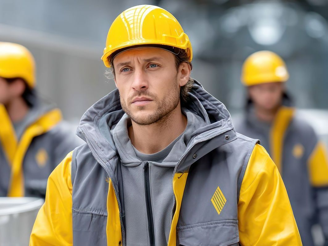 Un ouvrier porte la tenue réglementaire du chantier