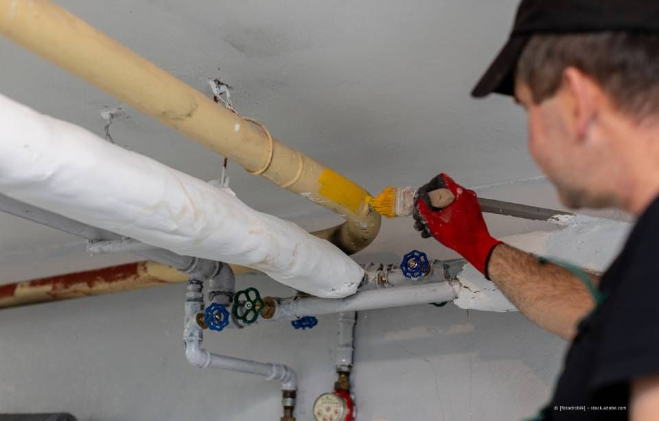 Mann mit roten Handschuhen repariert Rohre an einer Decke. Gelbe und weiße Rohre sind sichtbar.