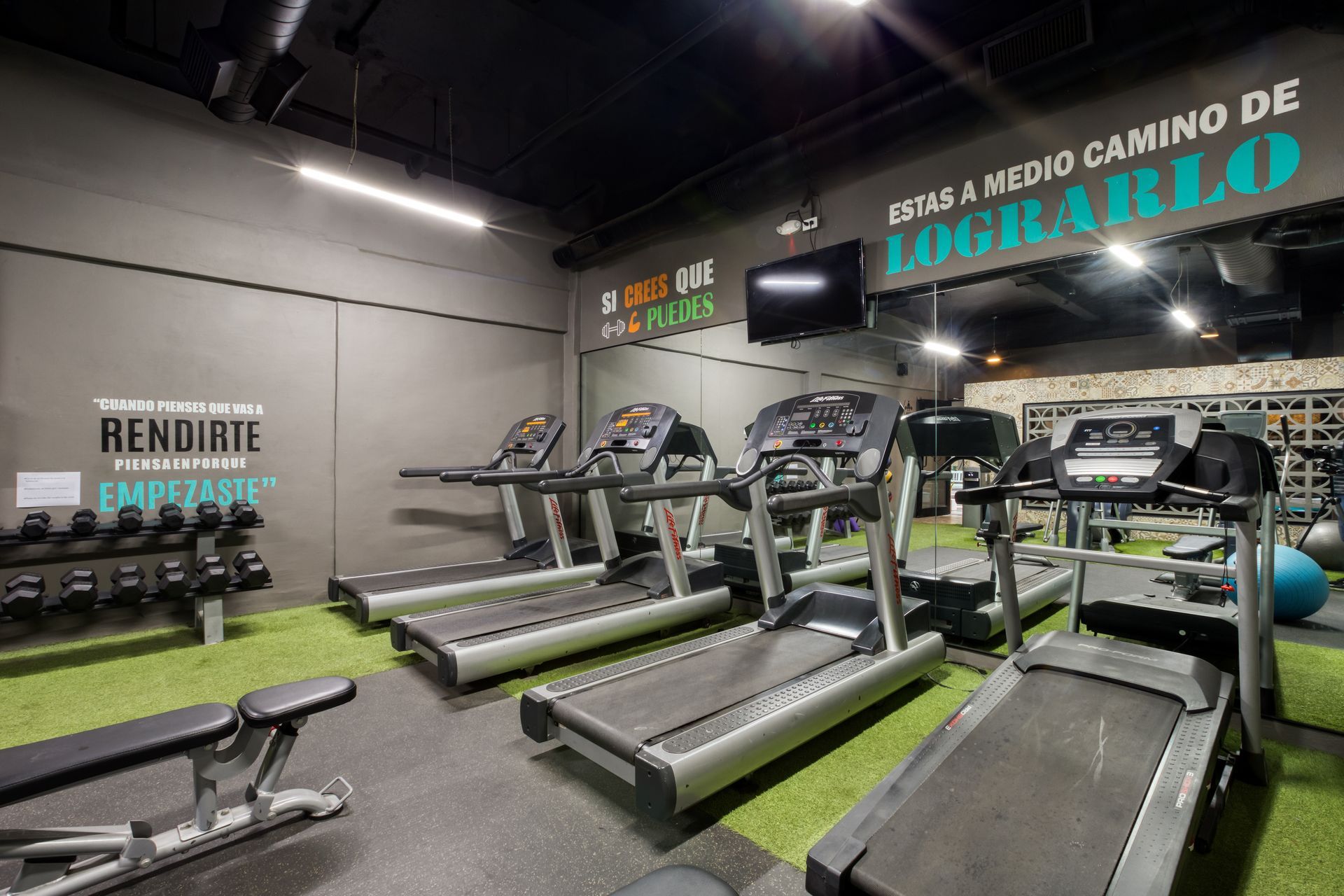 A gym room with multiple treadmills lined up, motivational text on the walls, and a rack of dumbbells on the left.