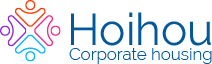 Logo for Hoiho Corporate housing. Colorful abstract figures in a circle with the company name, 