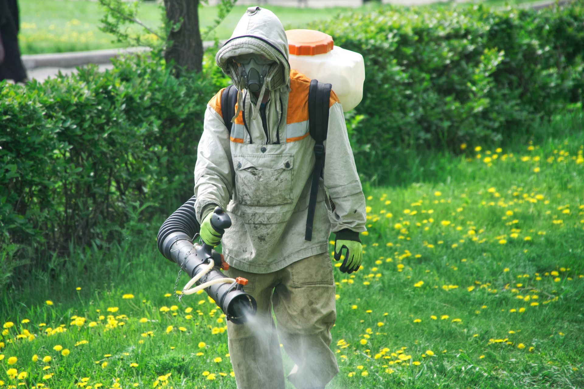 Un travailleur portant un respirateur et une combinaison de protection légère effectue des traitements sanitaires et chimiques dans un jardin