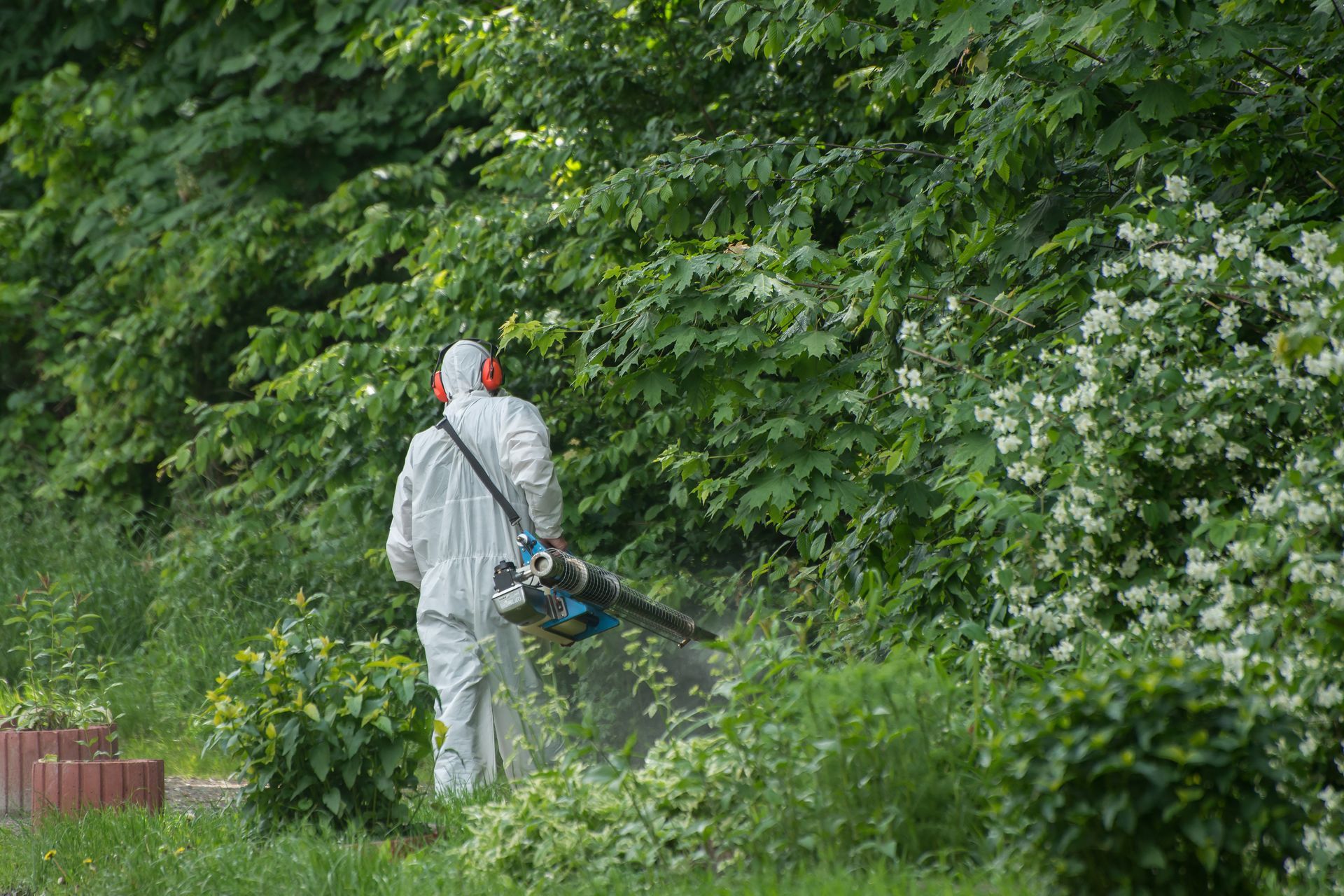 Un homme en combinaison de protection désinfecte le jardin public contre les tiques, les acariens et les moustiques en pulvérisant un répulsif.