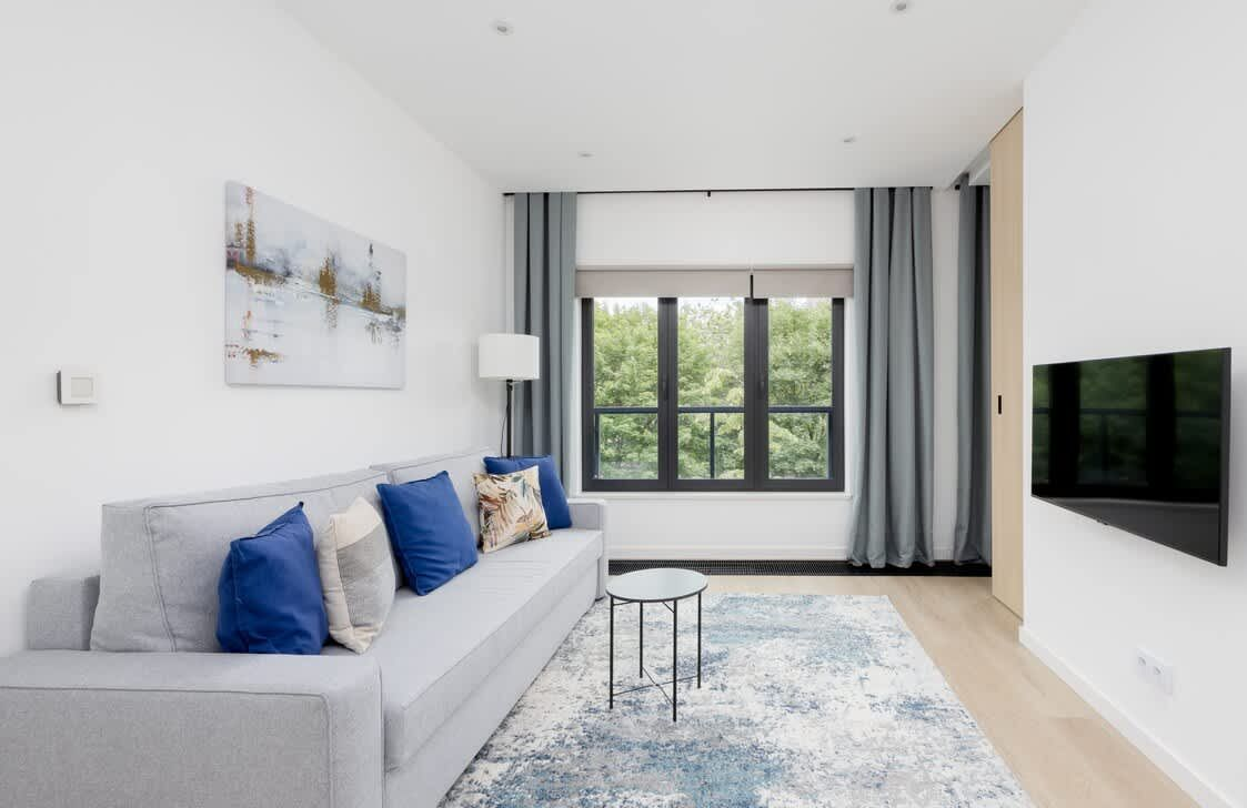 Jasny salon z szarą sofą, niebieskimi poduszkami, wzorzystym dywanem, małym okrągłym stolikiem i zamontowanym na ścianie telewizorem.