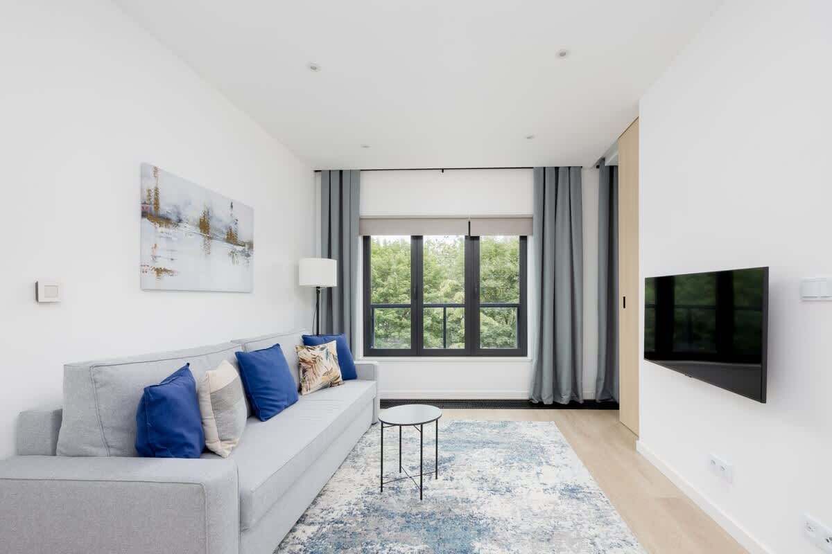 Nowoczesny salon z jasnoszarą sofą, niebieskimi poduszkami, wzorzystym dywanem i telewizorem zamontowanym na ścianie pod jasnym oknem.