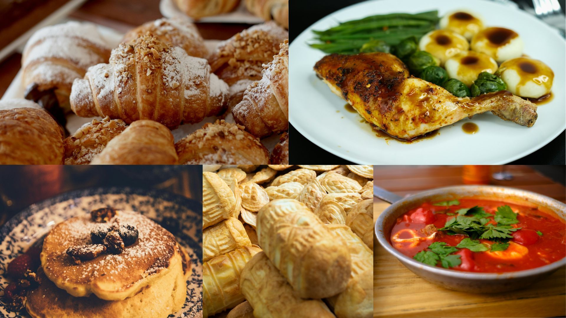 Assortment of baked goods, roasted chicken, pancakes, bread, and tomato soup.