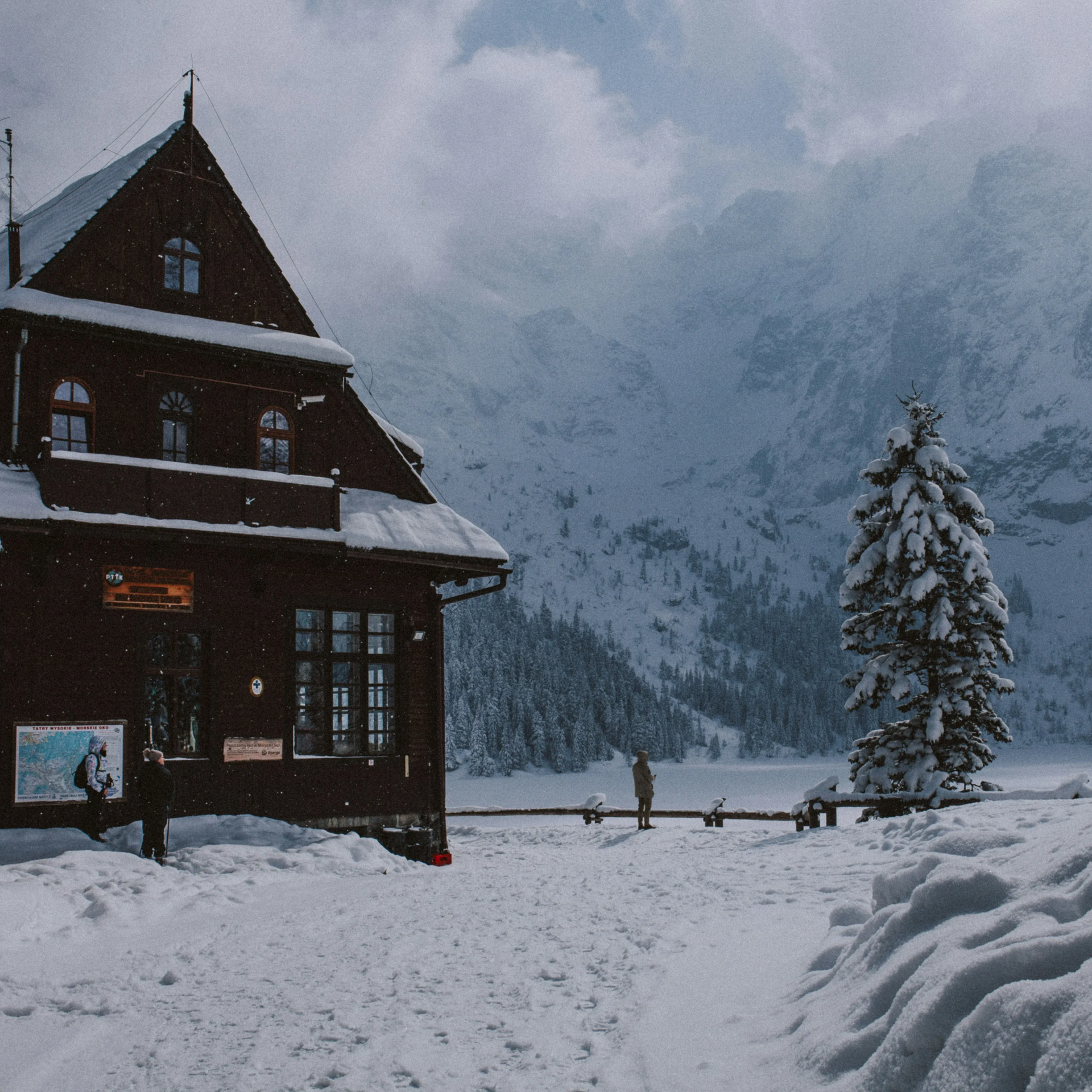 Snow-covered mountain cabin with a snow-laden pine tree, next to a frozen lake. Mountains in the background, cloudy sky.