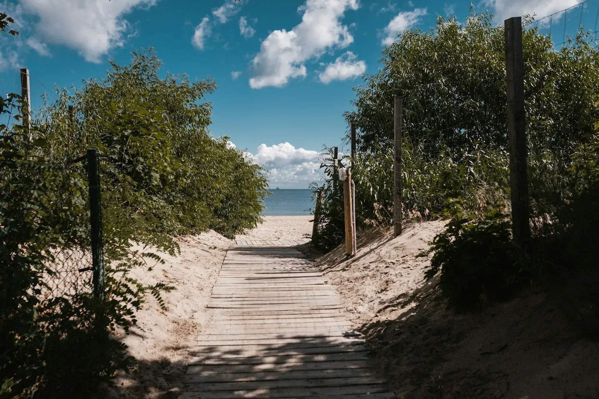 Wooden boardwalk path through sand dunes leading to a beach under a blue sky.