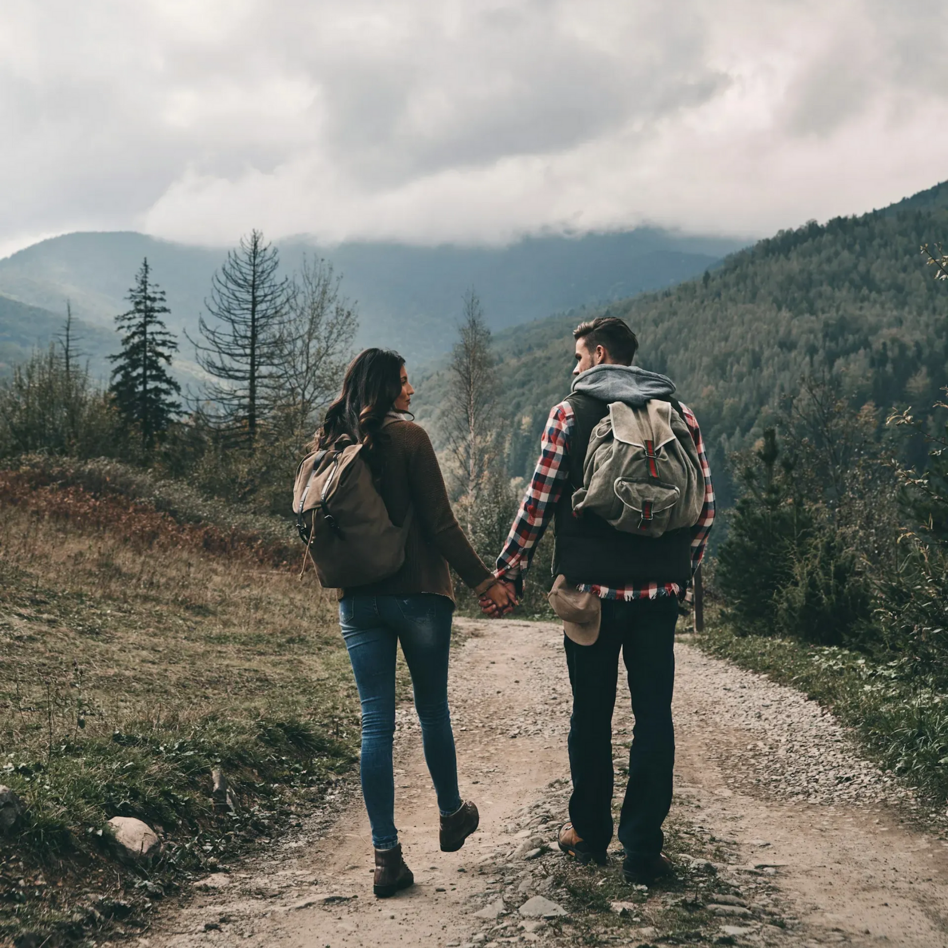 Para wędruje po ścieżce, trzymając się za ręce. W tle widać góry i zachmurzone niebo.
