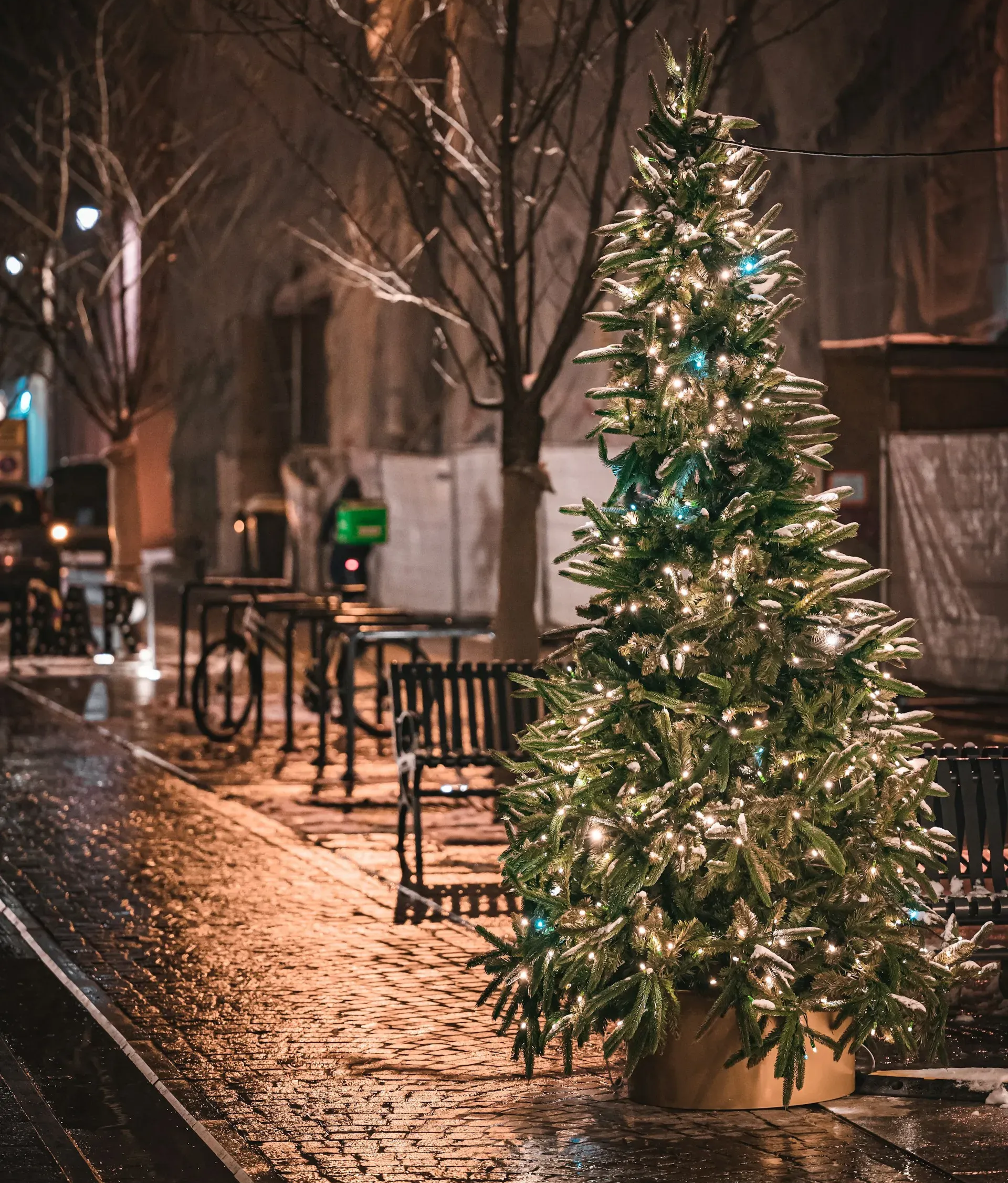 Choinka bożonarodzeniowa rozświetlona białymi światełkami na chodniku w mieście nocą.