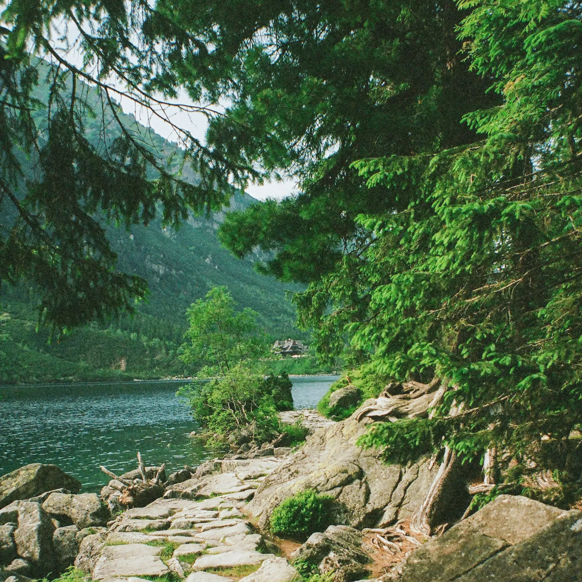 Stone path winds along a lake, framed by trees and mountains.