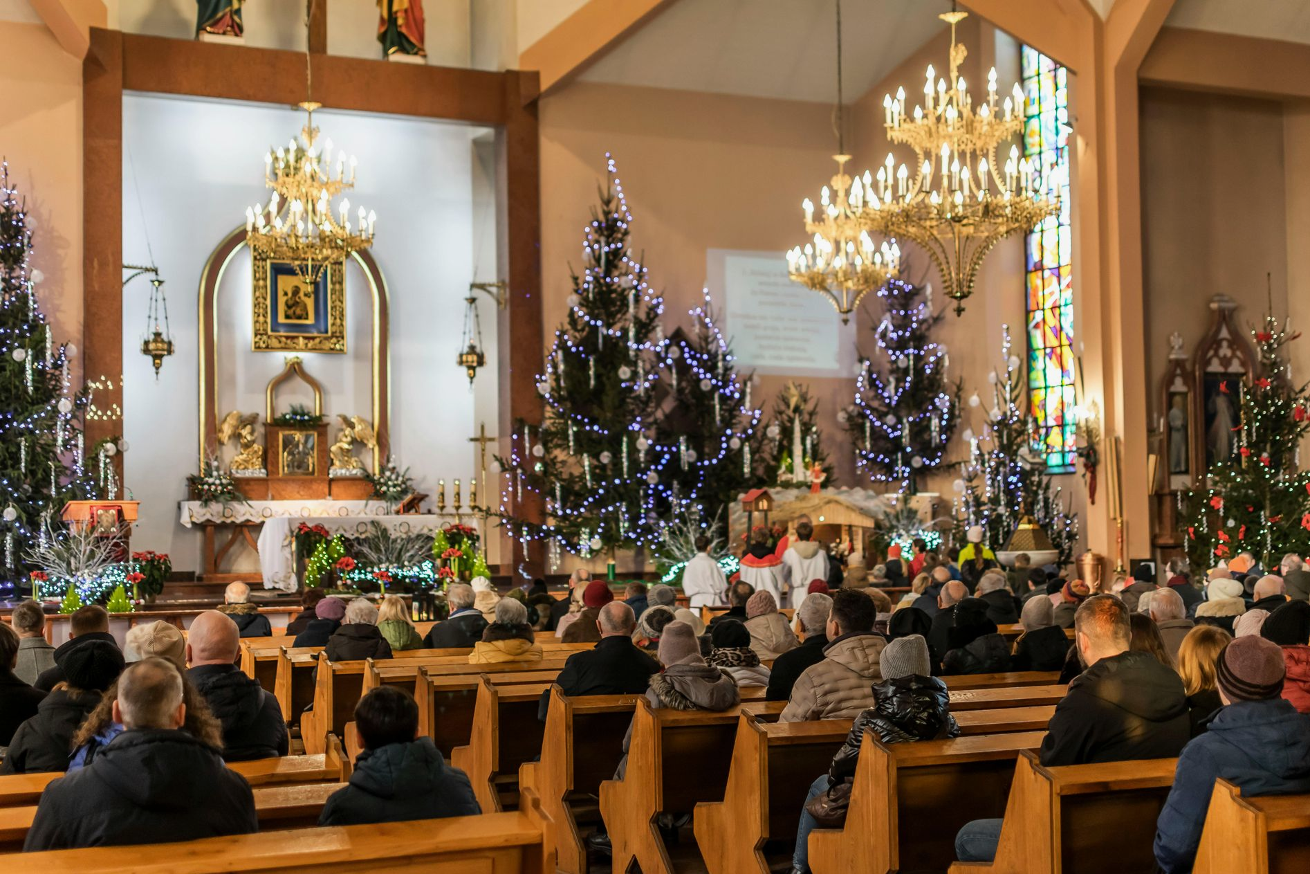 People seated in pews attend a church service, Christmas trees and chandeliers decorate the space.