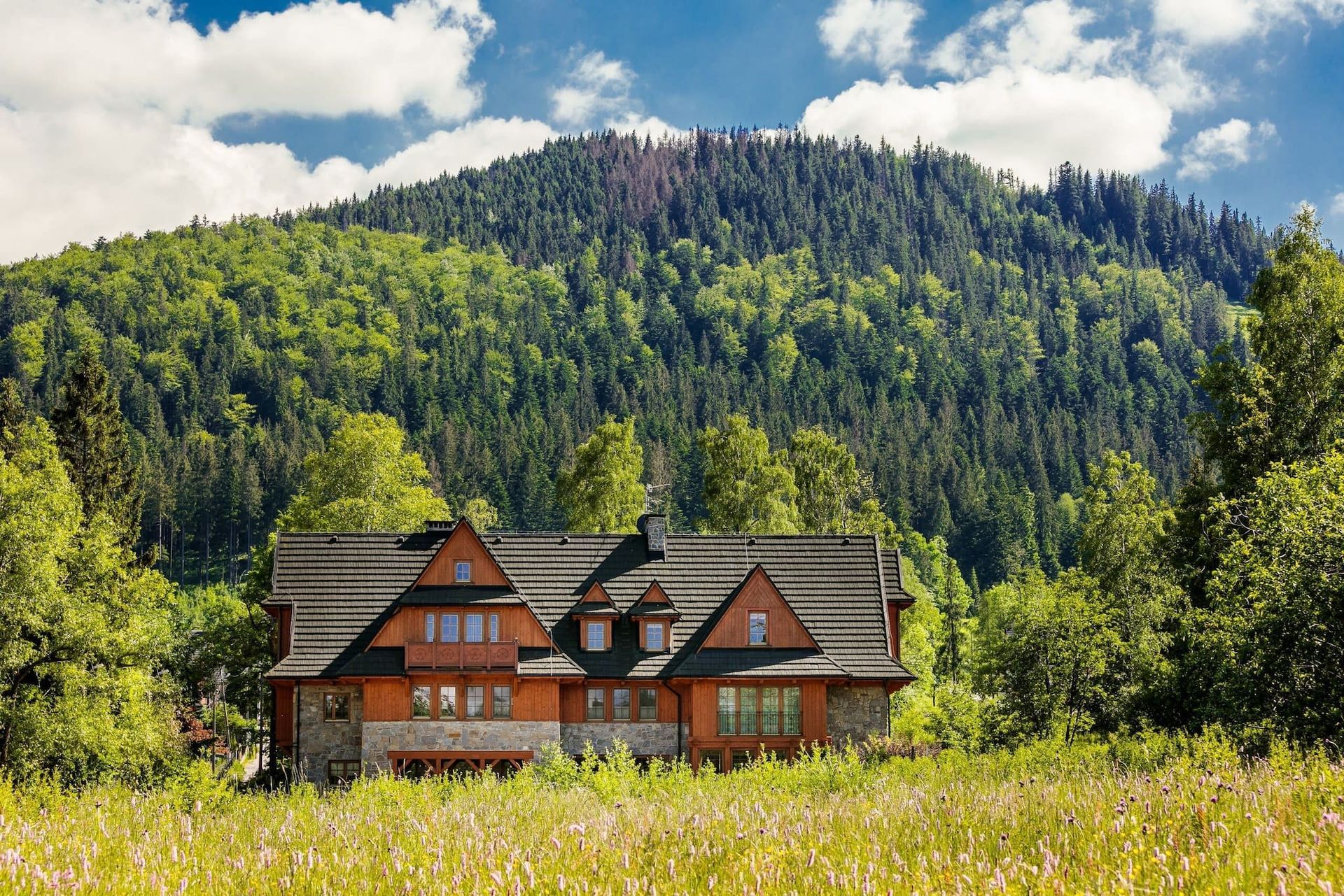Drewniana chata położona na trawiastym polu, w tle widać soczyście zielone góry, a pod nimi błękitne niebo.