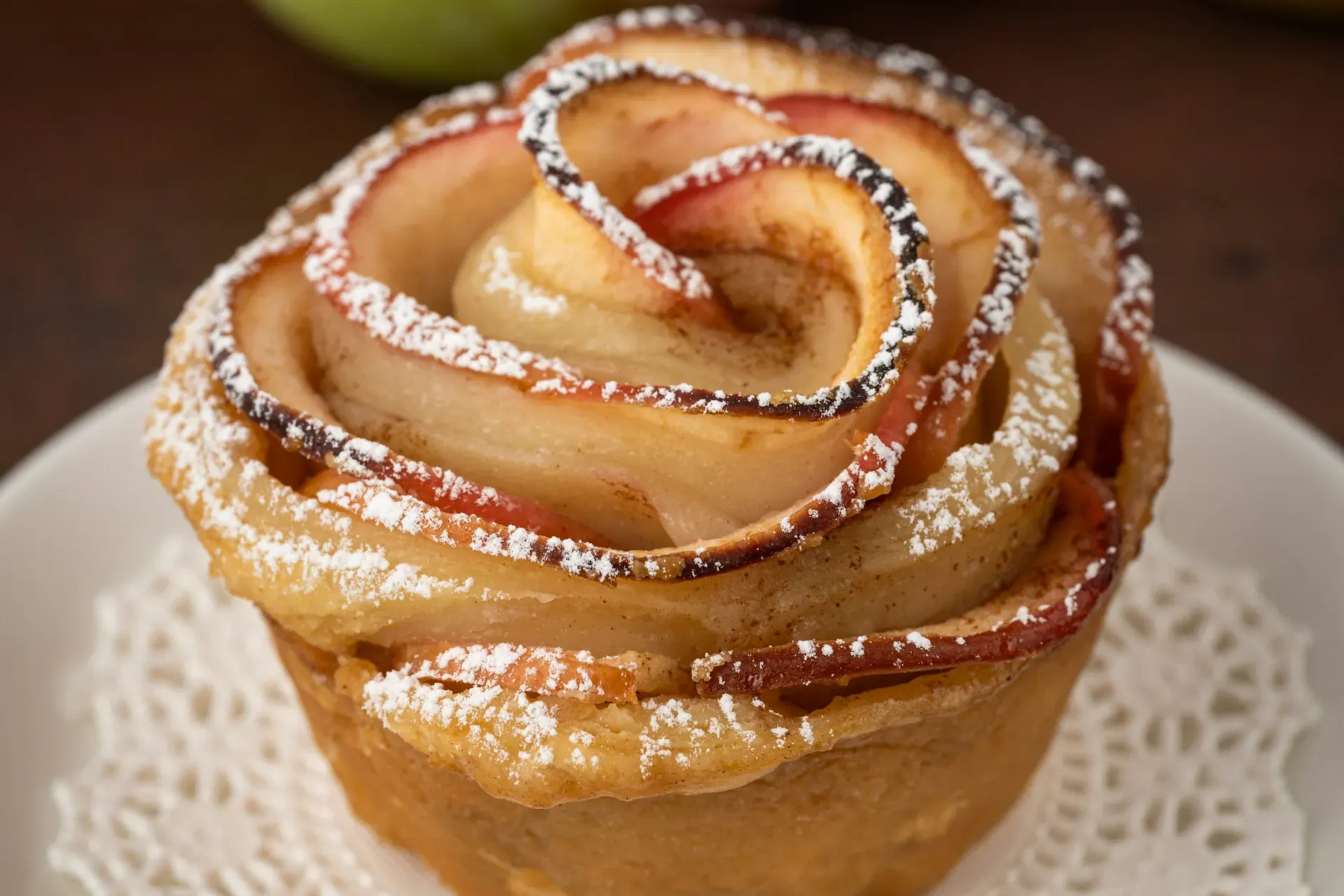 Apple rose pastry dusted with powdered sugar.