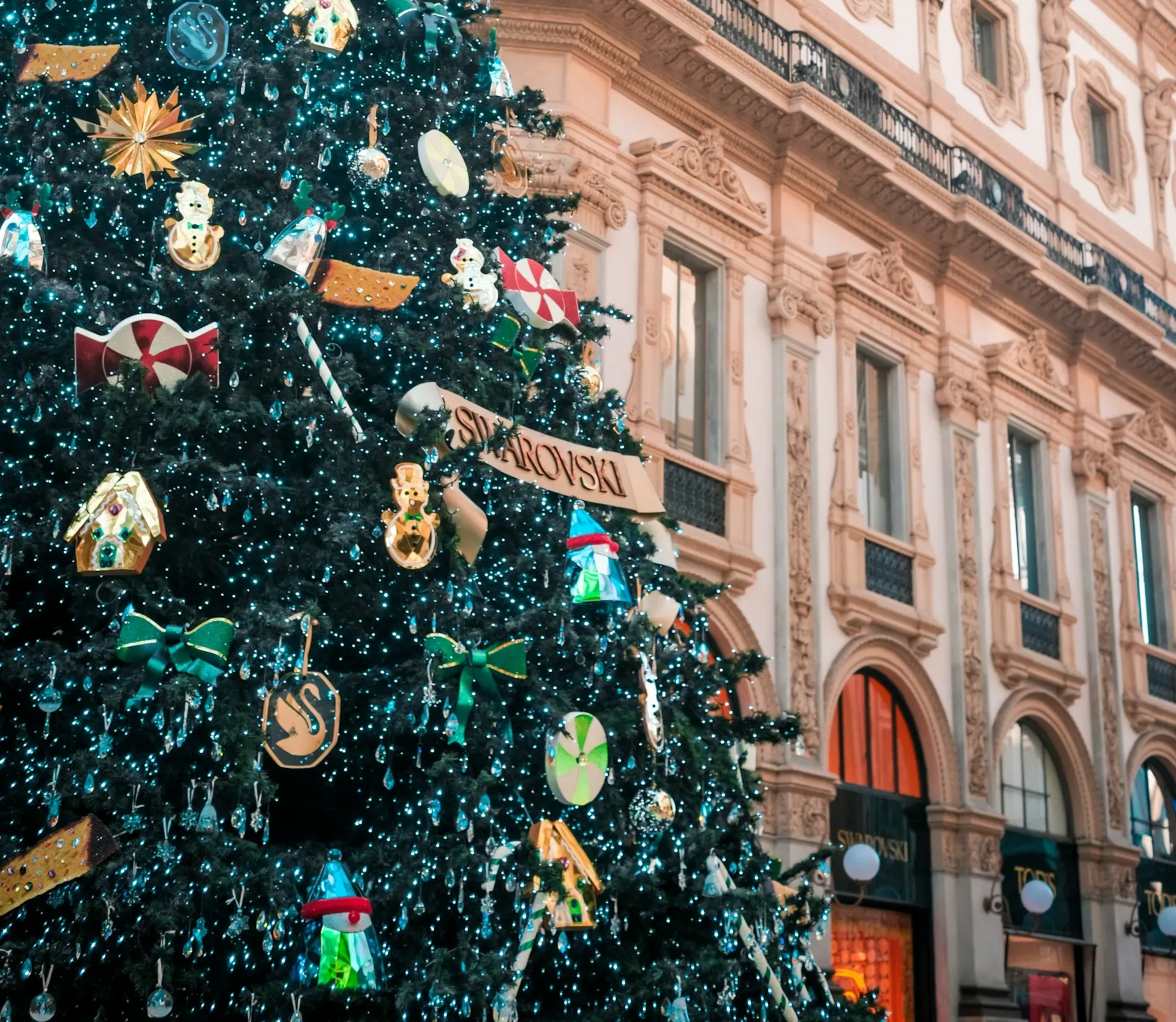 Christmas tree with ornaments in front of a building with ornate architectural details.