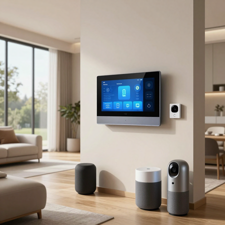 Sala de estar inteligente con panel de control montado en la pared, cámara de seguridad y altavoces sobre 
