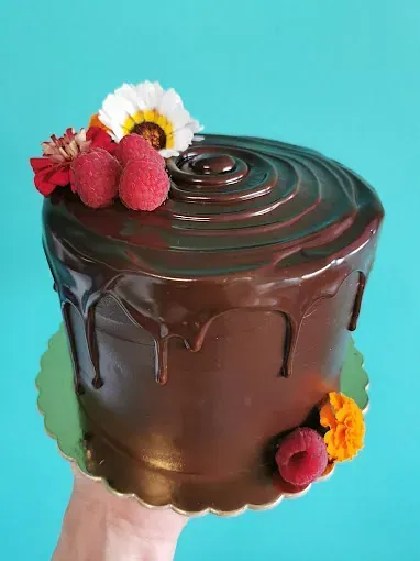 Una persona sostiene un pastel de chocolate con frambuesas y flores encima.