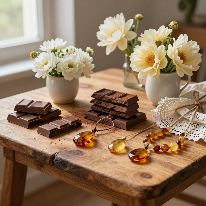 Piezas de chocolate y joyas de ámbar dispuestas sobre una mesa de madera, junto a flores blancas bajo una suave luz solar