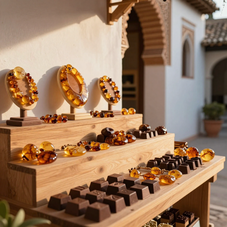 Expositor de madera de varios niveles con joyas de ámbar y cuadrados de chocolate en un patio bañado por el sol