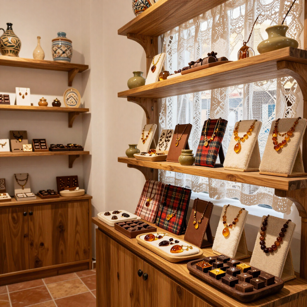Estantes para exhibir joyas con collares y pulseras coloridos en una acogedora tienda boutique